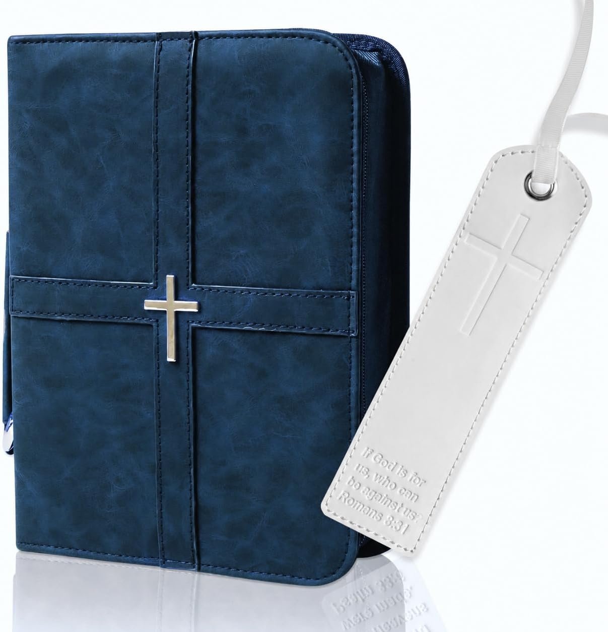 Bible Case, Vibrant & Inspiring Bible Cover, with Romans 8:31 Bookmark, Blue Bible Cover Case for Women or Men, Elegant Bible Bag, Durable PU Leather Book Cover