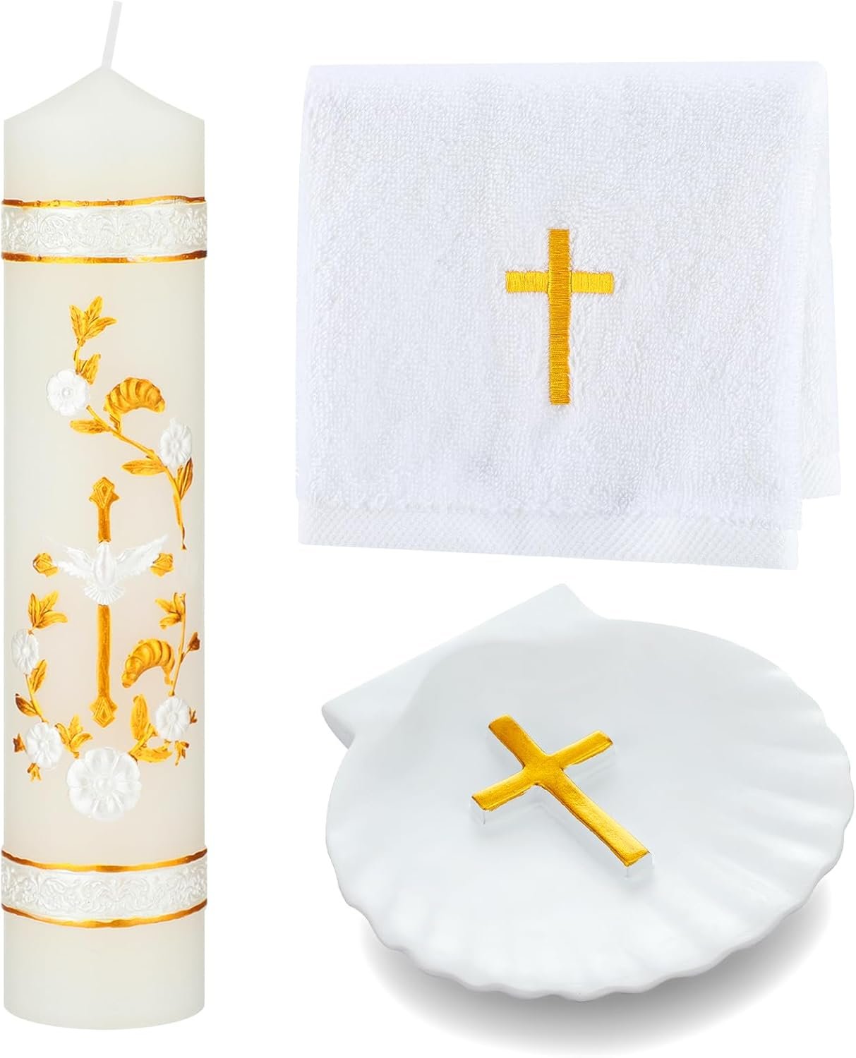 Lyrow Baptism Candle Set Complete Christening Gift Kit with Shell, Candle & Towel, White Gold Communion for Baptism, First Holy Communion, Catholic Sacraments(Vintage)
