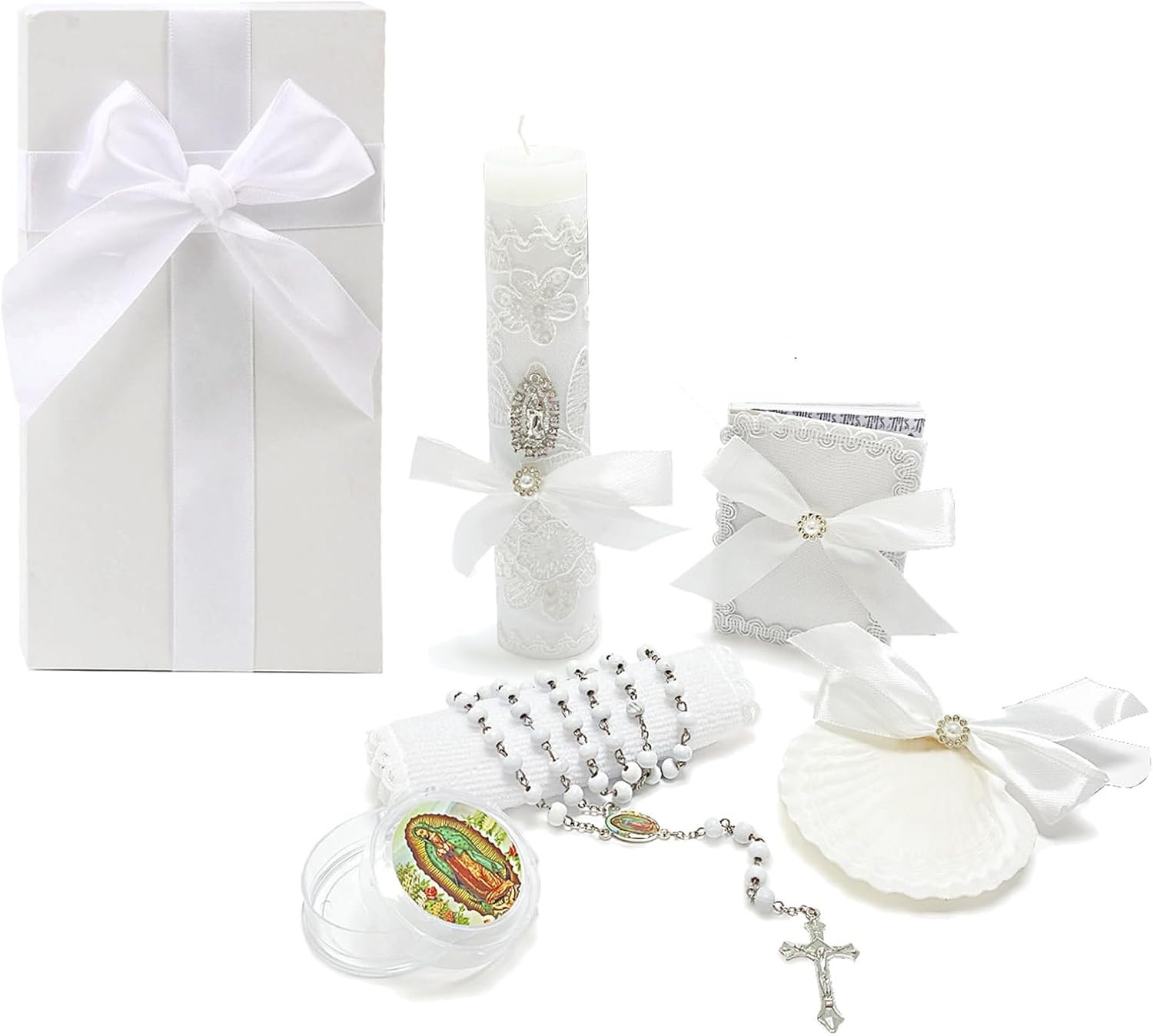 Baptism Candle Set for Boys Girls,White 5 PCS Baptism Kit Virgen De Guadalupe Catholic Candle,Baptismal Towel,Baptismal Shell,Rosary,Bible for Baby Dedication Christening Gift,Velas para Bautizo Niño