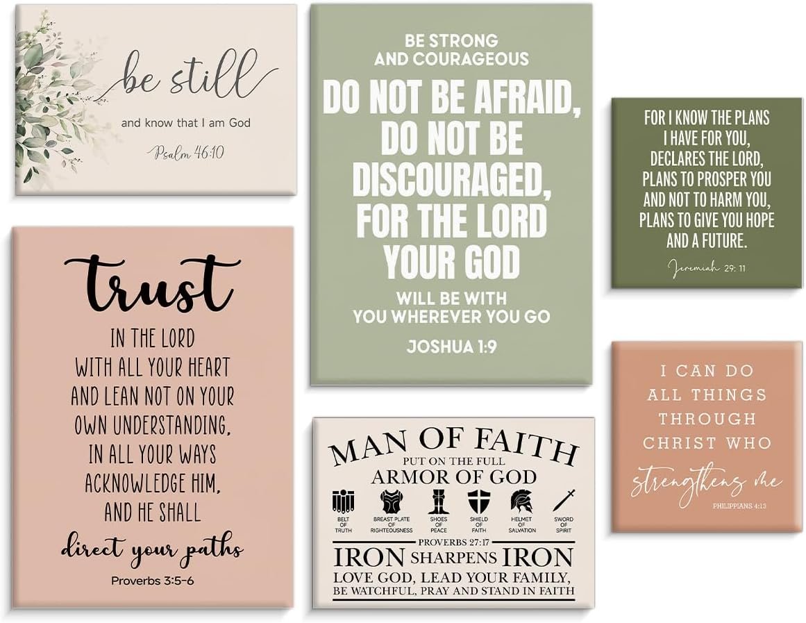 Framed Motivational Christian Bible Verse Wall Art, Set of 6 Religious Scripture Canvas Wall Decor for Prayer Room Church, Biblical Pictures for Bedroom Home Office, Christian Gifts