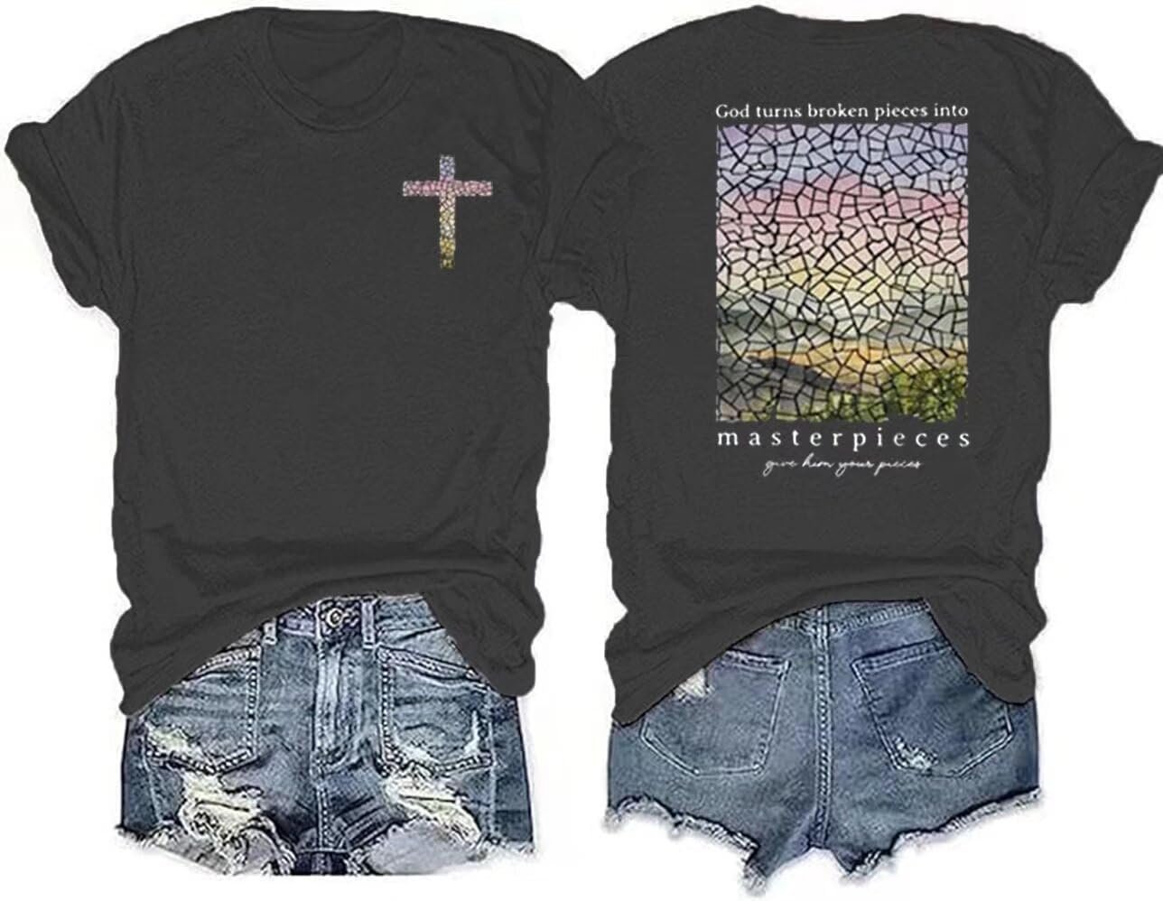 Women’s Christian Bible Verse Graphic T Shirts Vintage Jesus Faith Pray Cross Print Tees Crewneck 2 Sided Tops