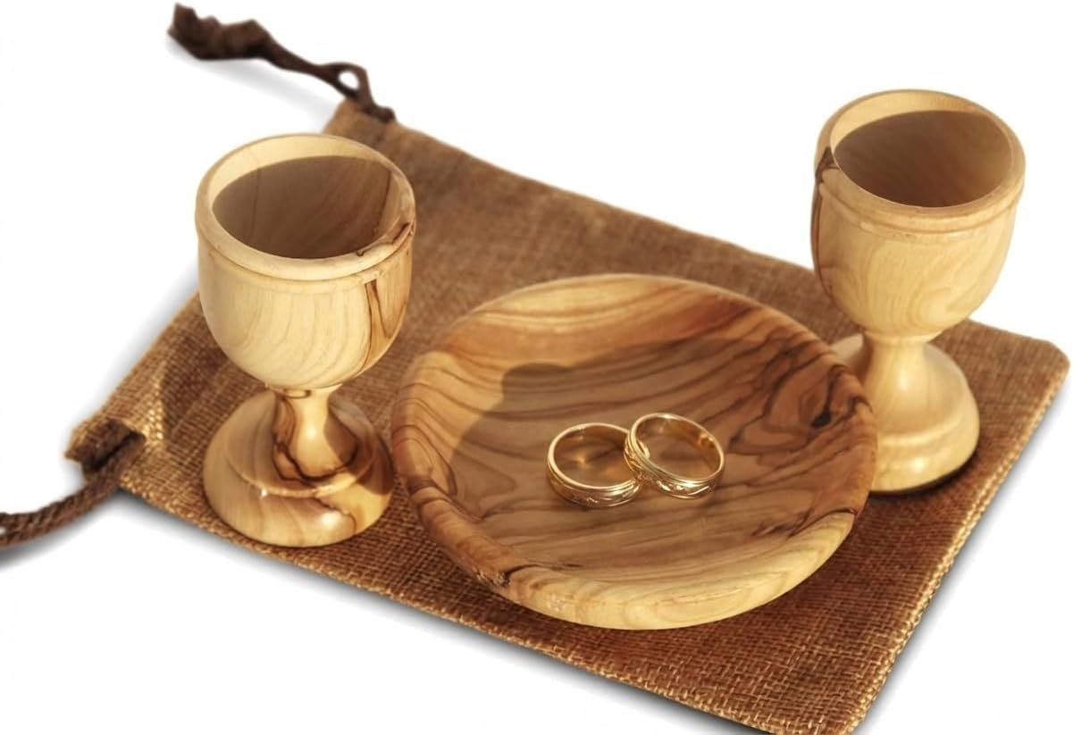 Christian Wedding Gifts – Olive Wood Communion Set Made in Bethlehem – 2 small Cups (3″) & Bread Tray for Marriage Unity Ceremony – Authentic Holy Land Gift for Bride & Groom with Certificate