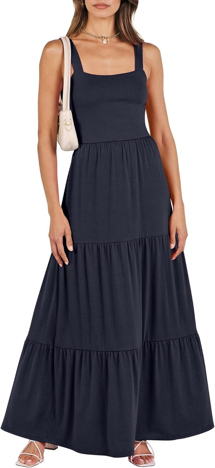 ANRABESS Women’s Summer Casual Long Maxi Beach Vacation Dresses Sleeveless Square Neck Flowy Tiered Sun Dress with Pockets