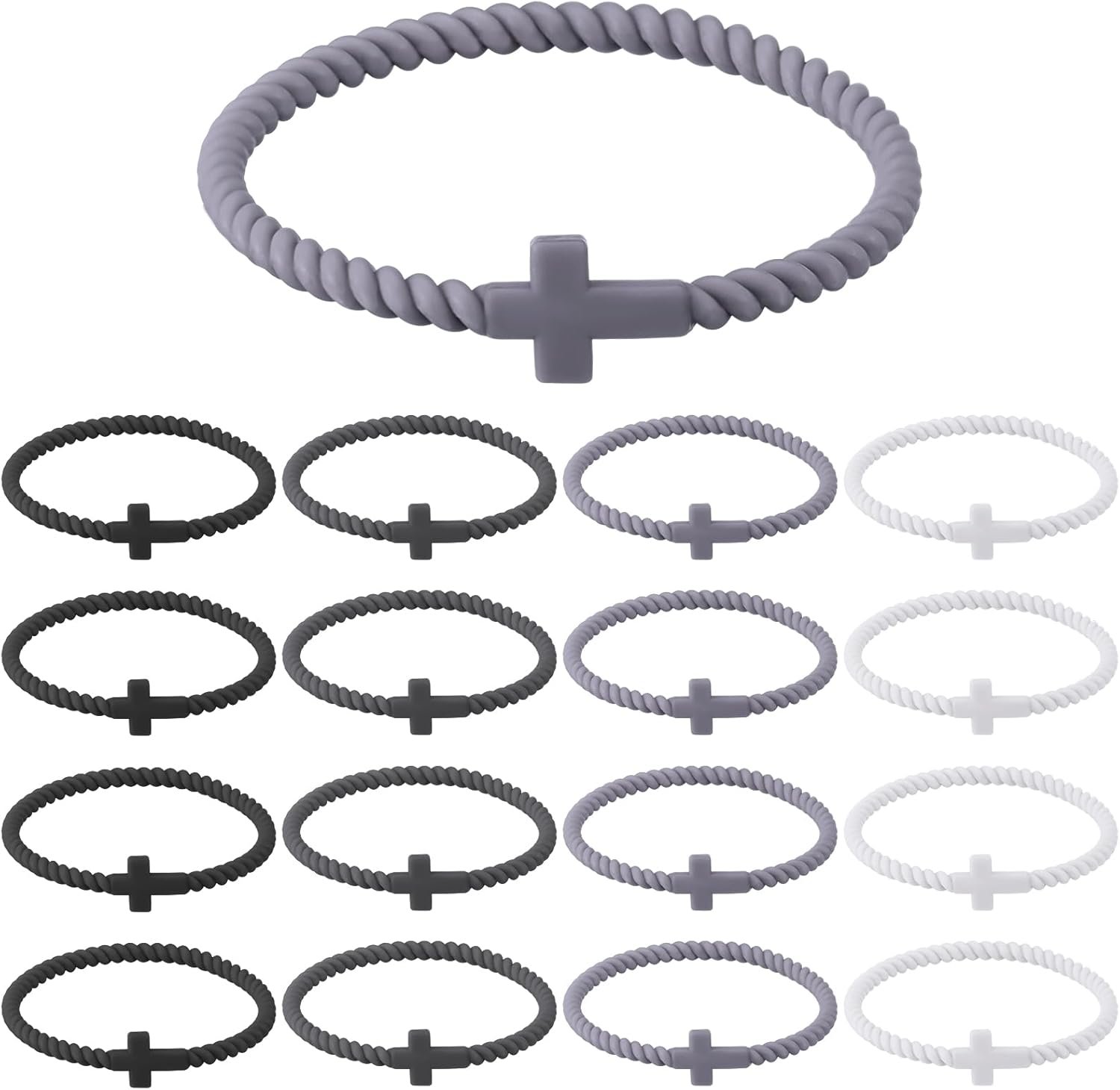 Soaoo 24/60 Pcs Jesus Bracelets Cross Silicone Bracelet Braided Stackable Rubber Wristband Silicone Jewelry Gift for Women Men