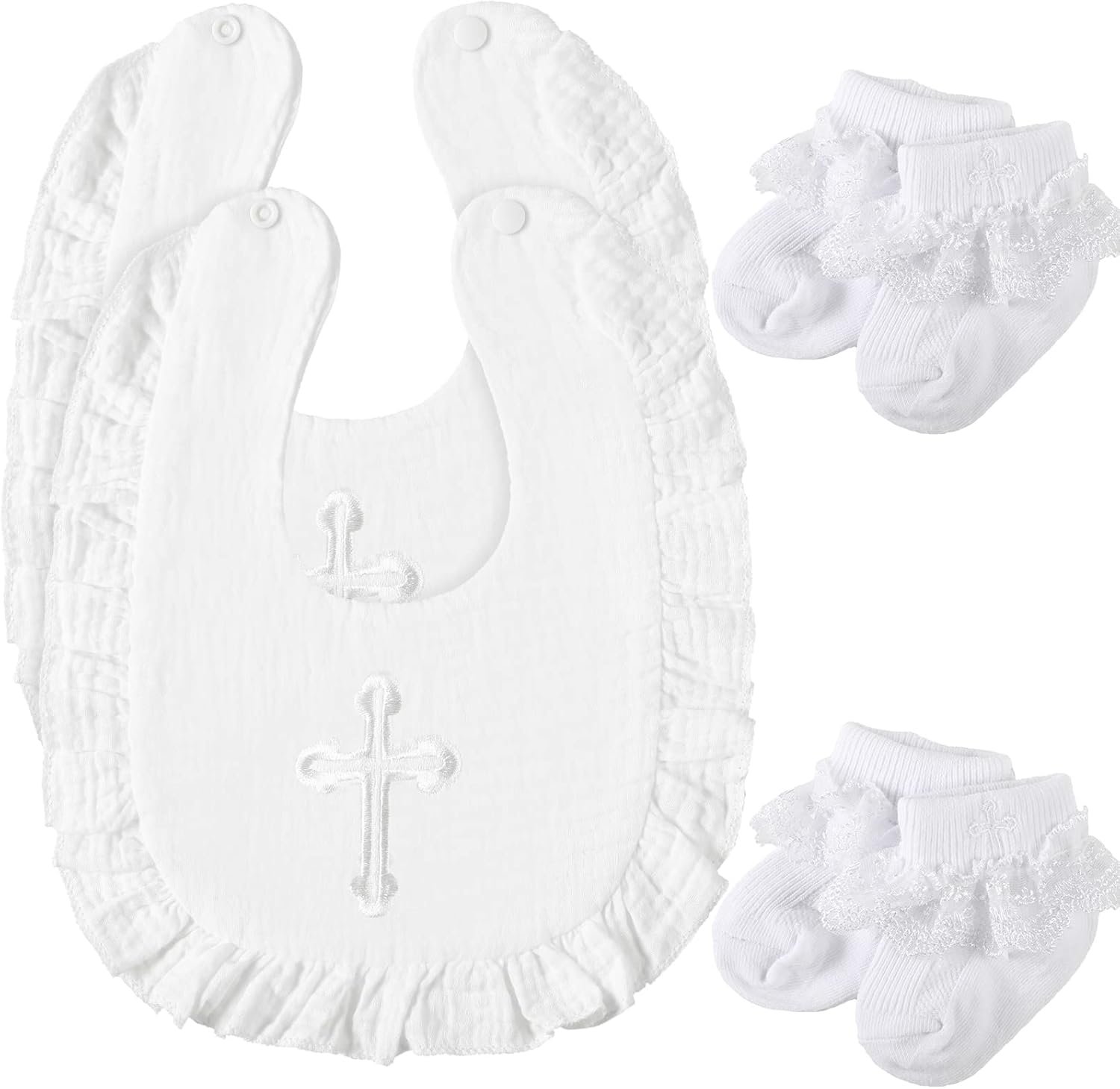 Lasnten 4 Pcs Baptism Outfit Gifts for Boys Girls, Baby Baptism Bib and Socks White Embroidered Cross Bib with Ruffles and Lace Socks Christening Gifts for Baby Infant Newborn