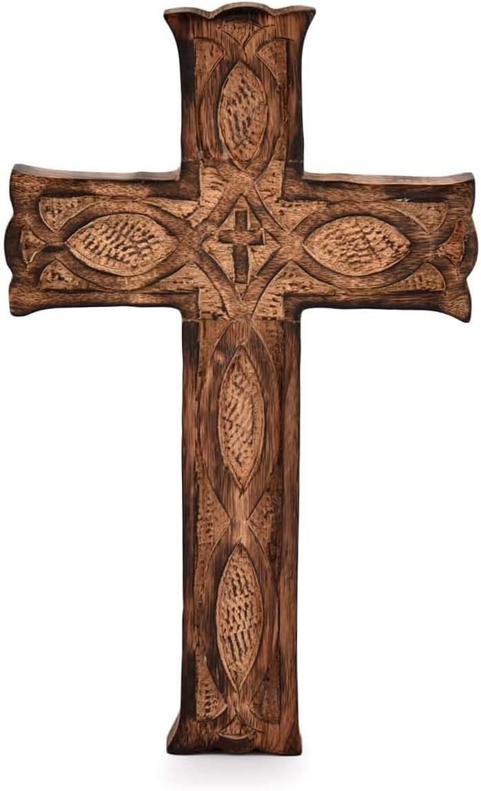 ZYNTIX Antique Mango Wood Wall Cross – Christian Wall Art Decor for Home, Religious Hanging Ornament, Handcrafted Decorative Piece for Living Room, Bedroom, or Office