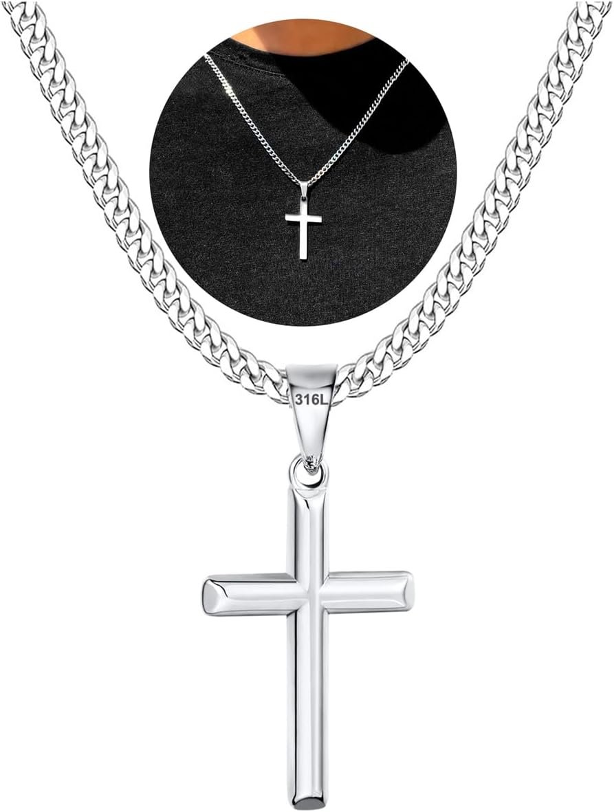 Avotto 316L Stainless Steel Cross Necklace Jewelry Gifts for Men Boys, Silver Gold Black Necklaces 5mm Non-Fading Sturdy Cuban Chain with Cross Pendant 14/16/18/20/22/24Inch