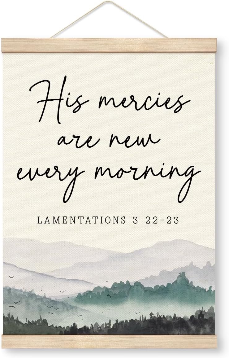 Yxadu Christian Wall Art Decor, His Mercies Are New Every Morning, Canvas Poster Wood Hanger, Farmhouse Door Decoration, Religious Home Decor for Living Room, Bedroom, Housewarming Gift, 11.8×15.7 In