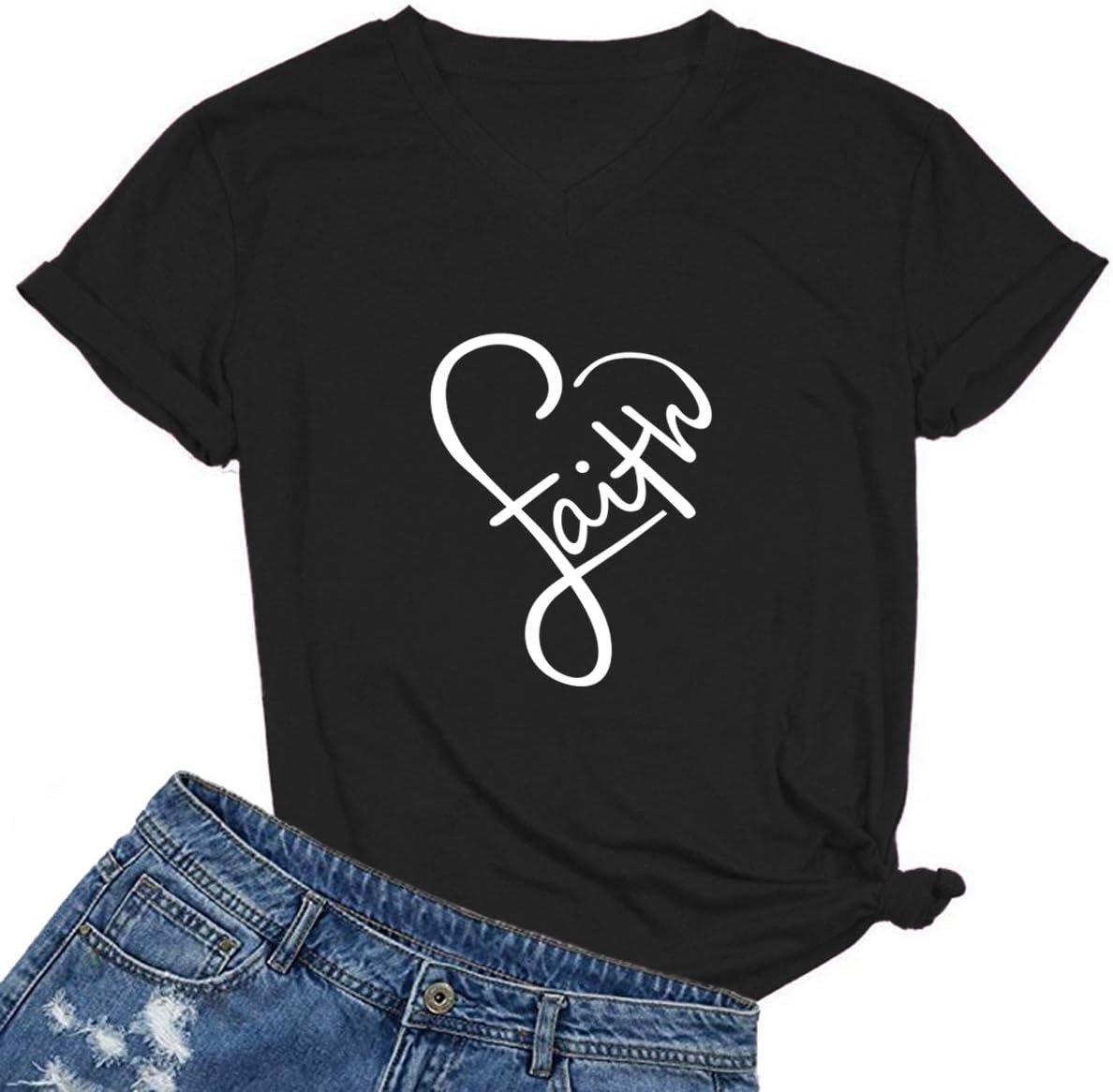 MIMOORN Womens V Neck Faith Print Summer Casual T-Shirt Short Sleeve Tees Tops