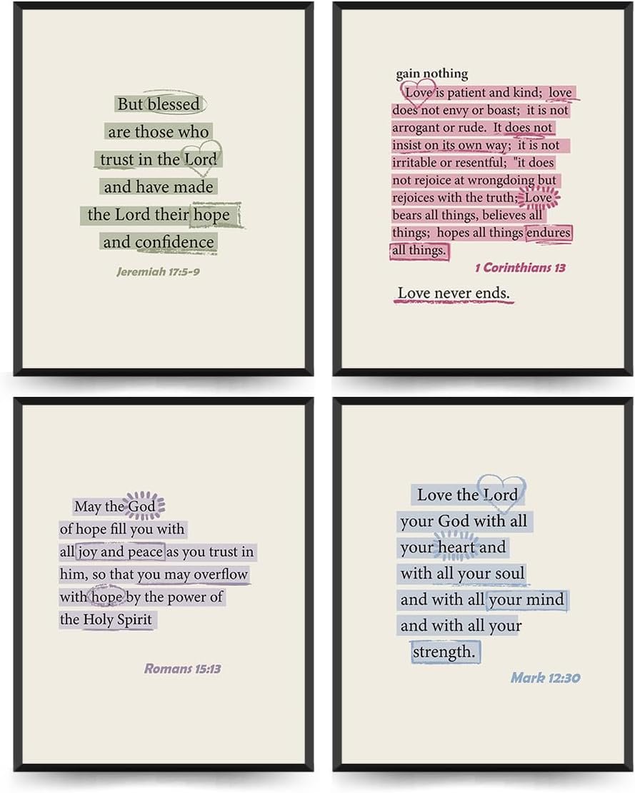ETVISO Christian Wall Art Set of 4, Dorm Decor for College Girls, Trendy Preppy Inspirational Bible Verses Wall Art Prints for Women Girl Bedroom Decorations，Teen Girl Room Decor 8×10 (Unframed)