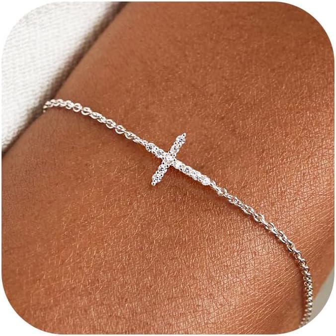 Moodear Cross Bracelet for Women, Dainty 925 Sterling Silver/14k Gold Plated CZ Chain Bracelets for Women Graduation Gift 2026 for Teen Religious Christian Basket Stuffers Jewelry
