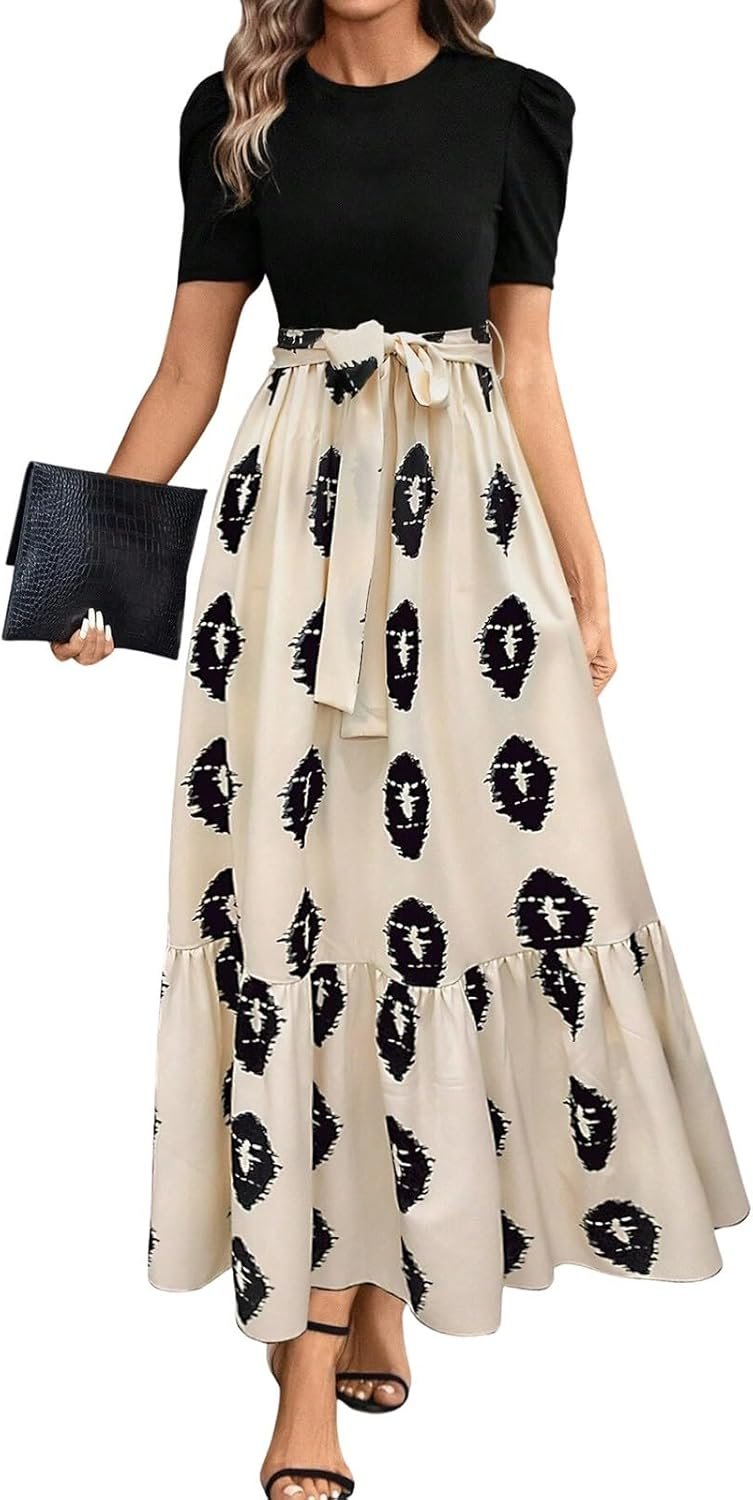 Long Floral Dresses for Women 2025 Elegant Tie Waist Maxi Dress Patchwork Short Sleeve Modest Flowy A Line Dress