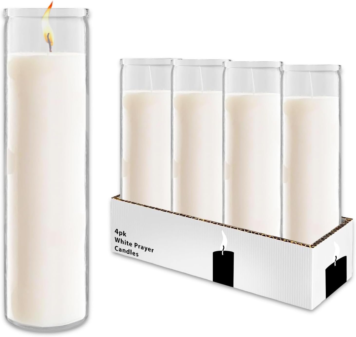 White Prayer Glass Candle Set – 4 Pack White Prayer Candles for Vigils, Prayers, Cemetery, Blessing Ceremonies | Bulk 8″ Candle Kit