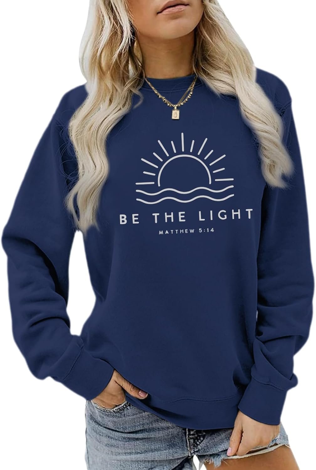 Sulayesh Christian Be The Light Sweatshirts for Women Religious Faith Jesus Bible Verse Graphic Shirts Loose Pullover Tops