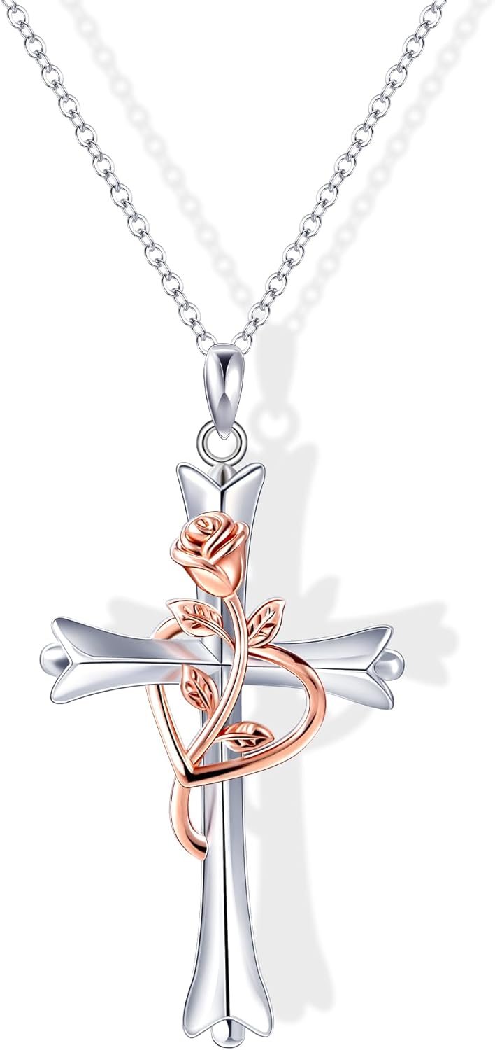 ACECHA Silver Cross Necklace for Women, Dainty Faith Cross Pendant Necklaces with Birthflower Jewelry for Mom Wife Sister | Gifts for Birthday Anniversary Christmas Easter