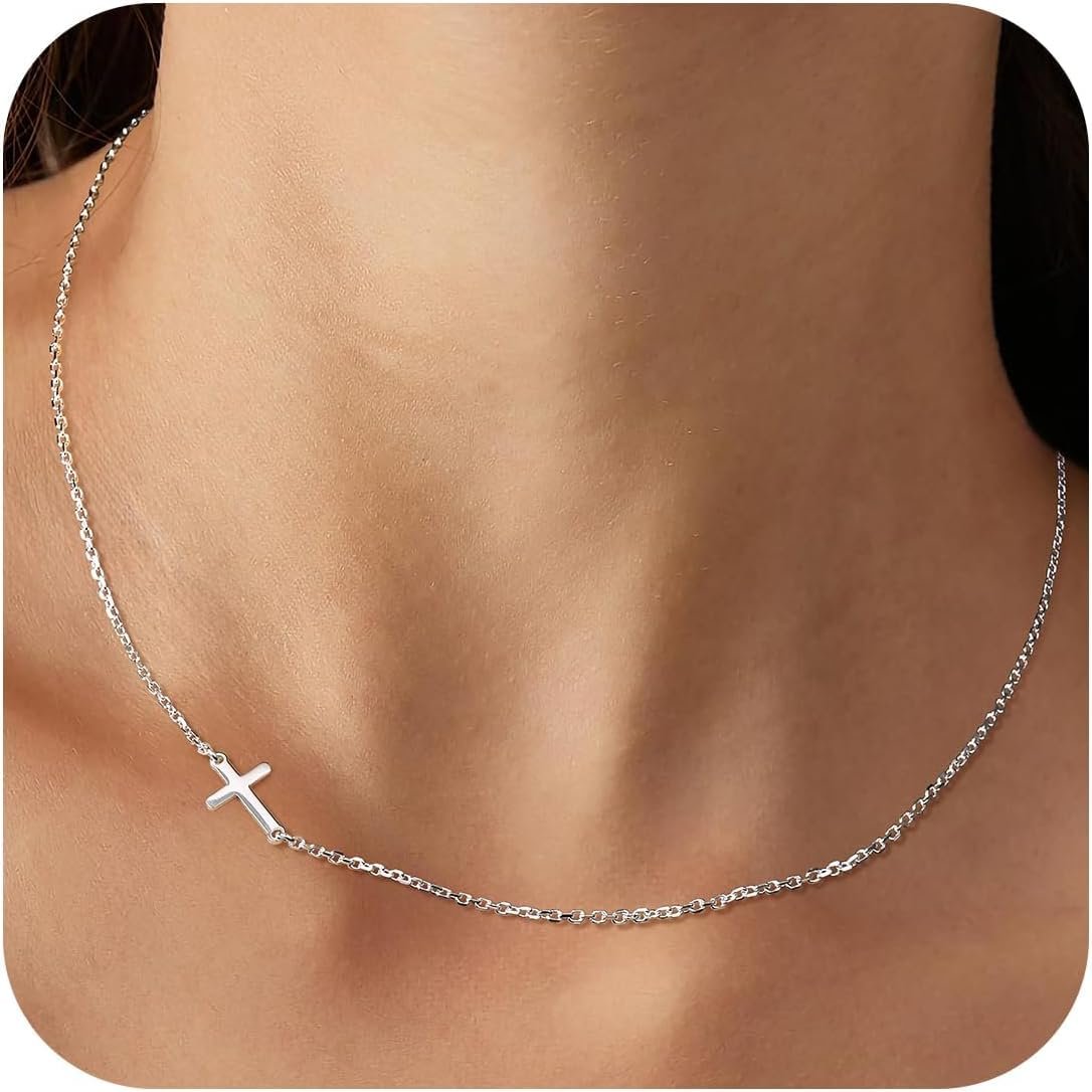 LUCA SMITH S925 Sterling Silver Cross Necklace for Women, 14K Gold or Silver Side Necklaces Dainty Small Cross Pendant Choker Simple Trendy Cute Cross Charm Chain Easter Baptism Religious Faith Jewelry Gift