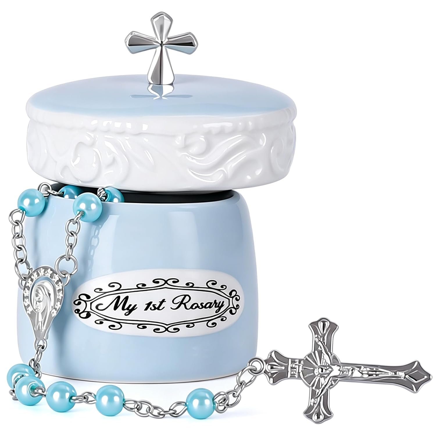 Grandeco My First Rosary Cross for Boy Keepsake Box and Rosary Gifting Set, Blue