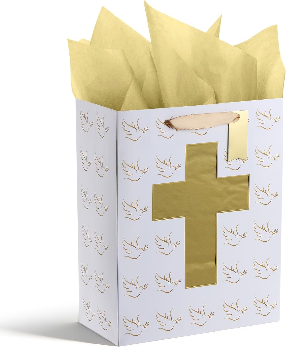 Sawnfay Baptism Gift Bag – 10″ x 5″ x 13″, Baptism Gifts For Boys & Girls, First communion, Confirmation gifts for teen girls, Christening, Religious Events, with Cross cut window Design and Tissue Paper