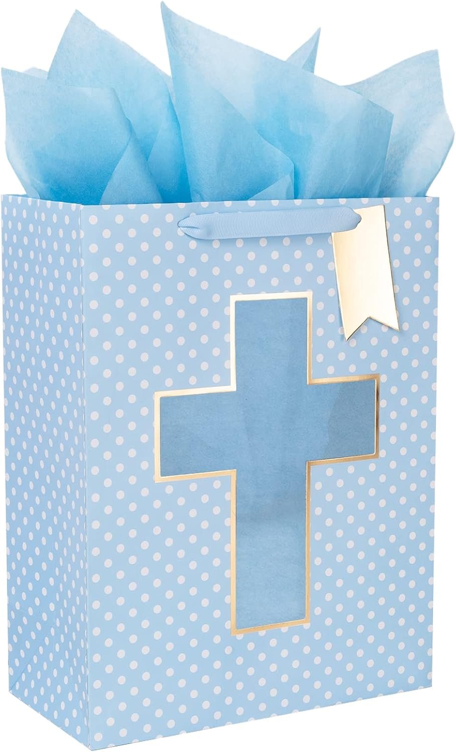 Loveinside Blue Gift Bag with Cross Design, Tissue Paper for Baby Boy Baptisms, Christenings, First Communions Religious Occasion- 10″ x 5″ x 13″, 1 Pcs