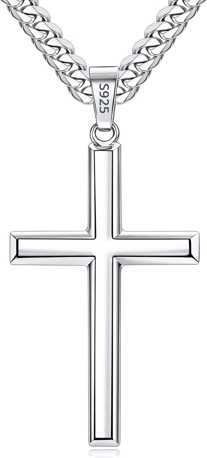 925 Sterling Silver Modern Cross Necklace for Men, 18K Gold Plated Pendant with 4mm 316L Stainless Steel Diamond-Cut Cuban Chain for Men, Cross Necklaces Jewelry Gift, 16-26 Inch