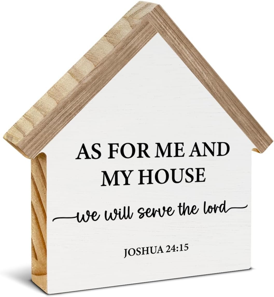 Christian Home Decor, As for Me and My House We Will Serve The Lord House Shaped Wood Block Sign, Bible Verse Home Living Room Decor for Desk Table Shelf