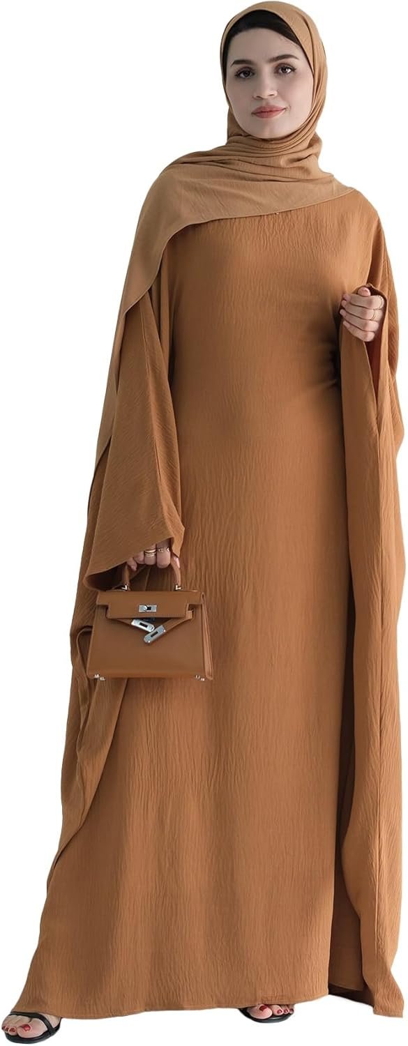 Abaya Muslim Women Dress Batwing Sleeve Loose Maxi Modest Islamic Clothes Prayer Dress with Hijab Scarf