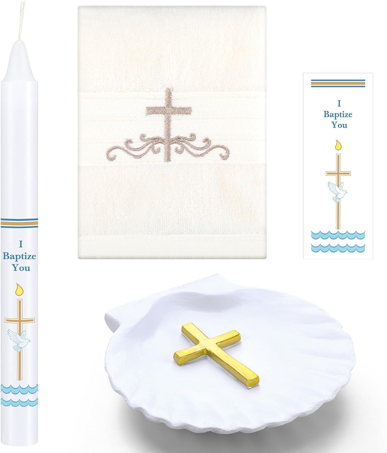 SmoothNovelty 4 Pcs Baptism Candle Set for Boy Girls Included Baptism Towel Bautizo Candle Conch and Sticker Comunion De Nino Bautizo De Nina for Christening Favors