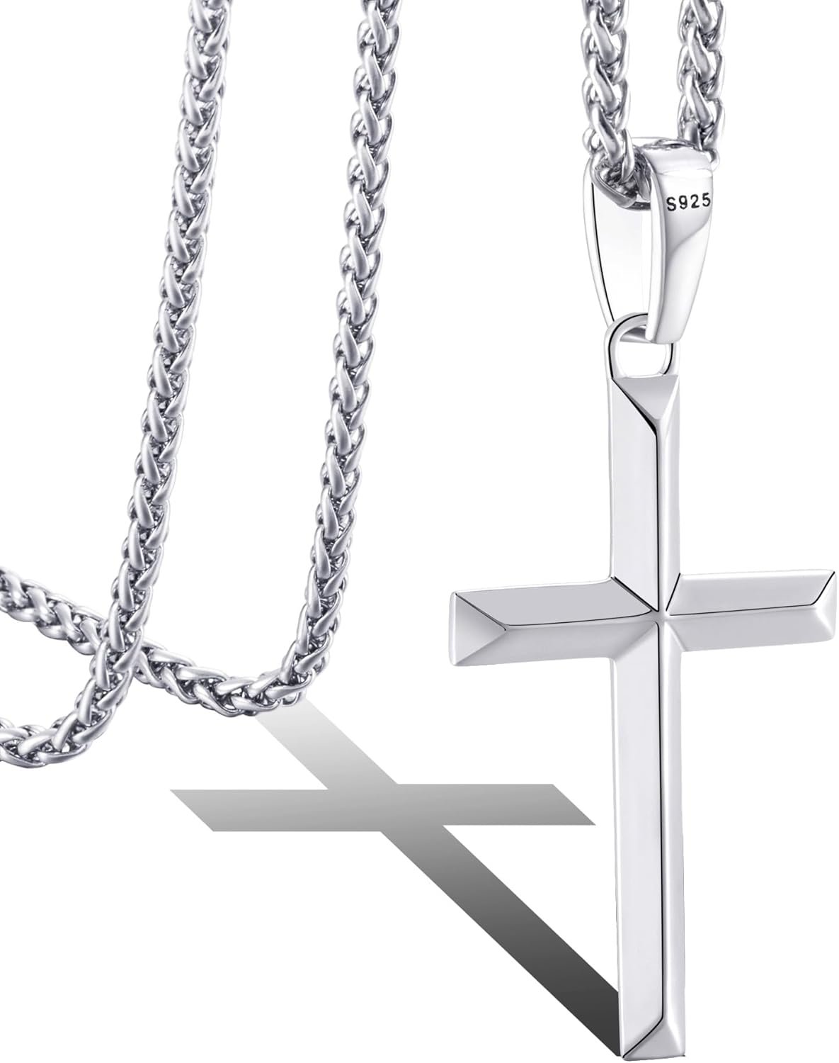 LOFITOR 925 Sterling Silver Cross Necklace for Men Women with 3MM Stainless Steel Strong Durable Wheat Chain 18K White Gold Plated Beveled Edge Crucifix Pendant Necklace Jewelry Present 16-28 Inches