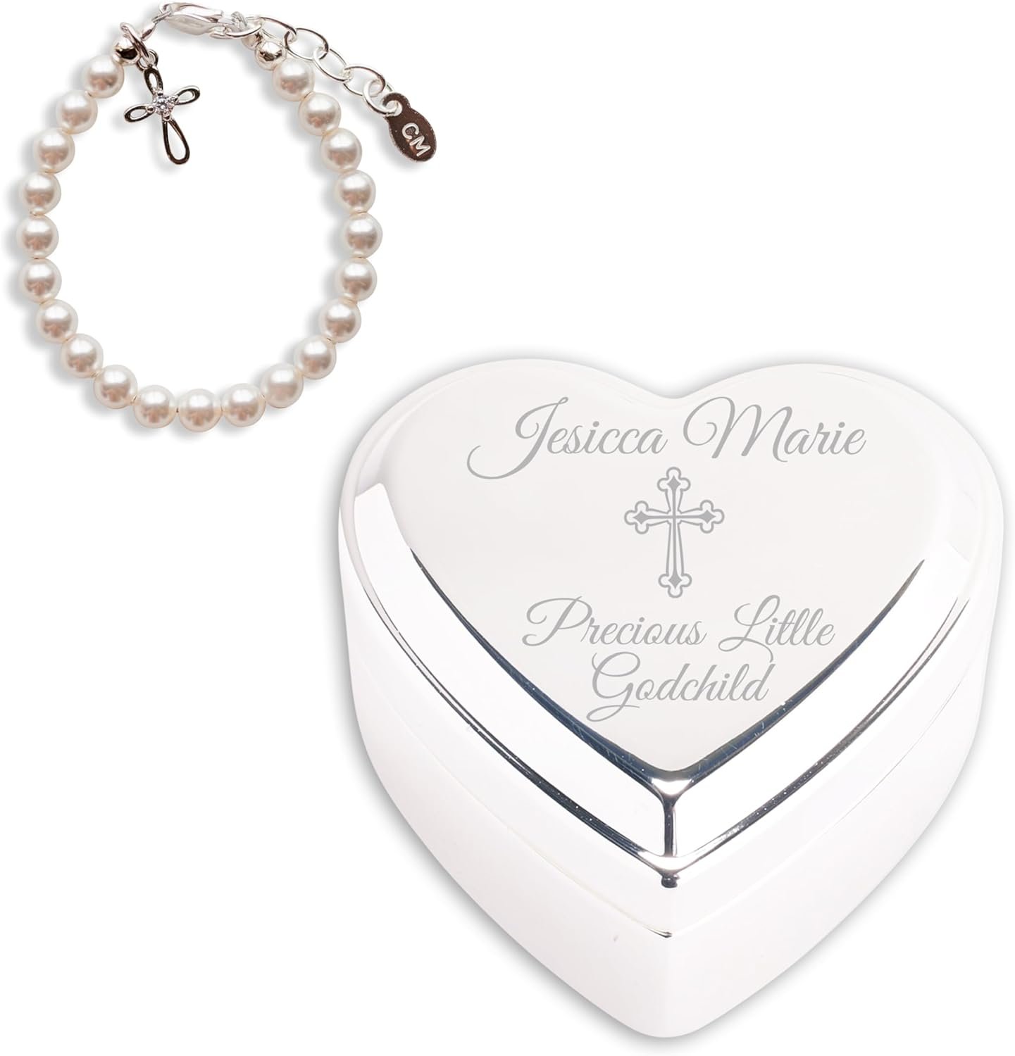 Cherished Moments Christening, Dedication or Baptism Gift for Girls Includes a Personalized Engraved Jewelry Box and 925 Sterling Silver Cross Bracelet with Simulated Pearls
