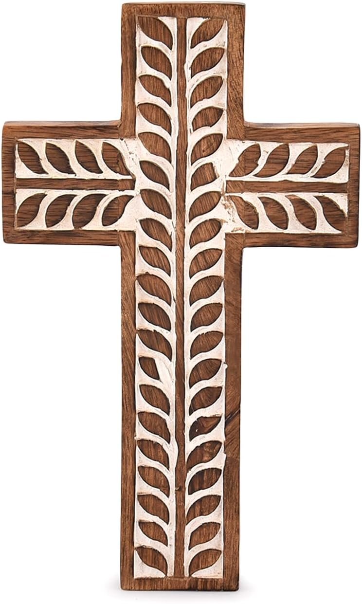 NIRMAN Mango Wood Religious Catholic Cross Wall Hanging Floral Carvings Living Room Home Décor for Entryway Office Living Room (10″ x 6″ x 0.75″)