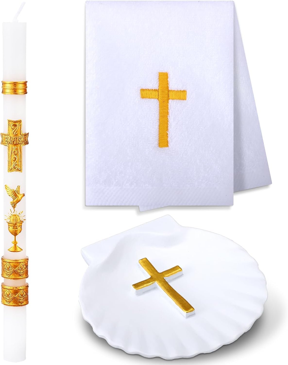 Lyrow 3 Pcs Baptism Candle Set for Boys and Girls Baptism Kit Include Baptismal Candle, Towel, Shell for Kids Christenings Favor(Chalice Dove Candles,Gold)