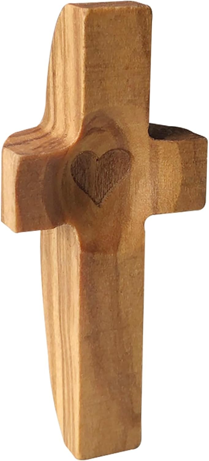 Cross My Heart Encouragement Gift, Wooden Handheld Small Crosses for Anxiety Relief, Olive Wood Cross with Pocket, Religious Gifts for Children Adults (Olive 1PCS)