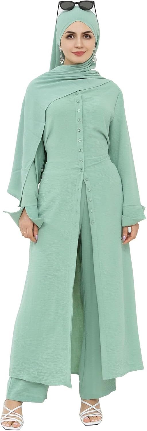 Abaya Dress for Women Muslim Modest Prayer Clothes 2pcs Dubai Cool Suit Arabic Daily Comfort Outfits(Long Top+Pants)