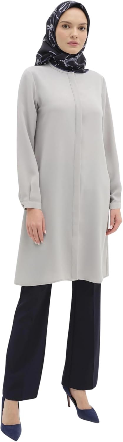 Tuğba Women’s Modest Long Tunic with Mandarin Collar – Luxury, Hijab-Friendly, Elegant Islamic Clothing