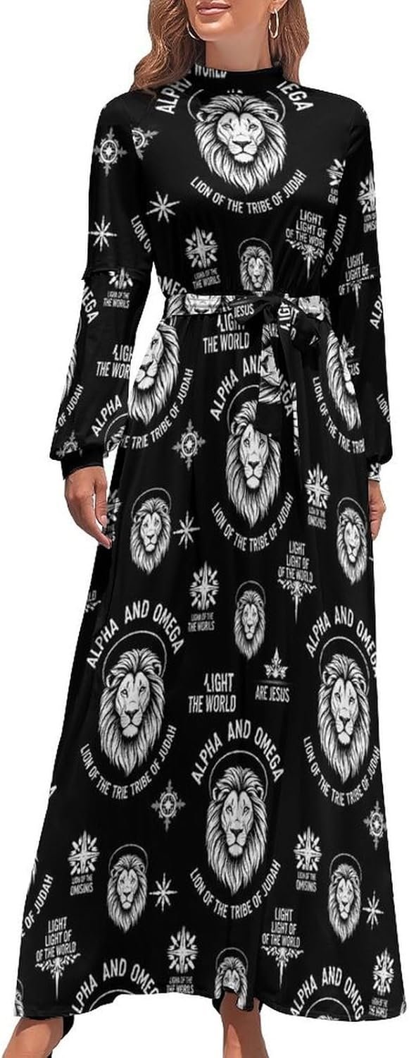Elegant Maxi Dress for Women Long Sleeve Mock Neck Belted A Line Dress for Bridesmaid