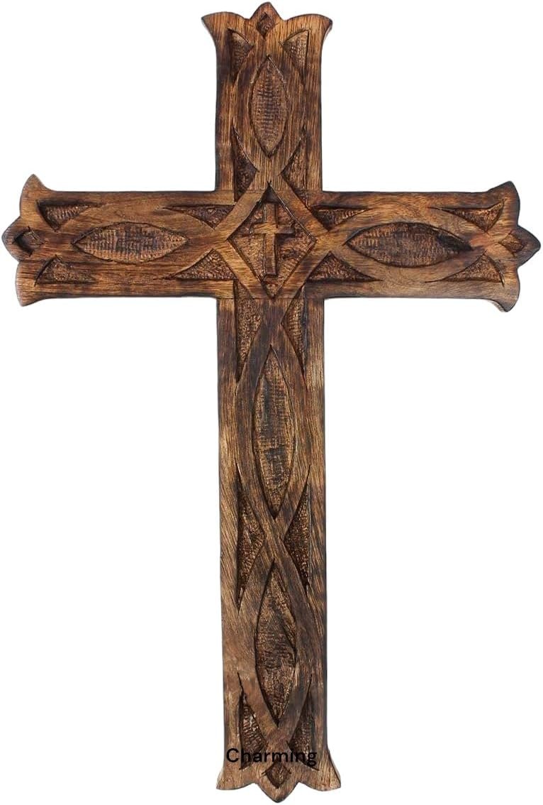 CHARMING BHARATCRAFTS Handmade Wooden Wall Cross For Church And Home Room Décor | 10″ Long (Mango Wood)