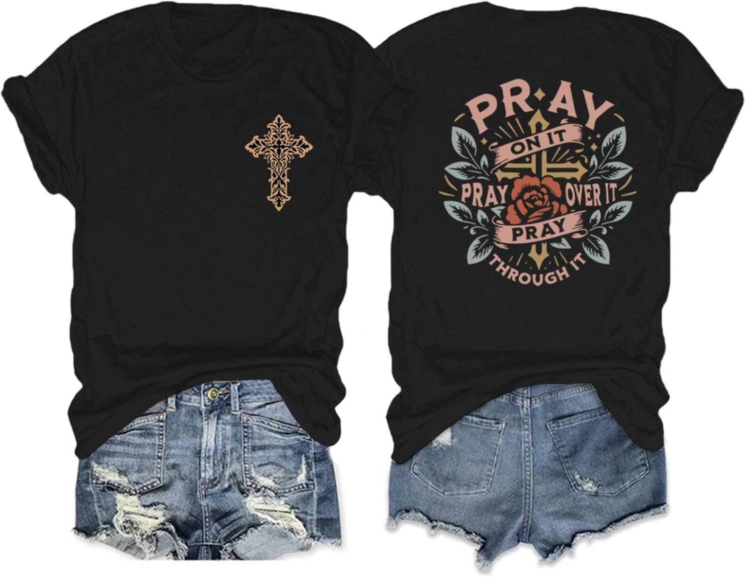 Pairxily Christian Shirts for Women Pray Bible Verse Cross Graphic Shirt Faith Religious Vintage Shirts Floral Boho Tops