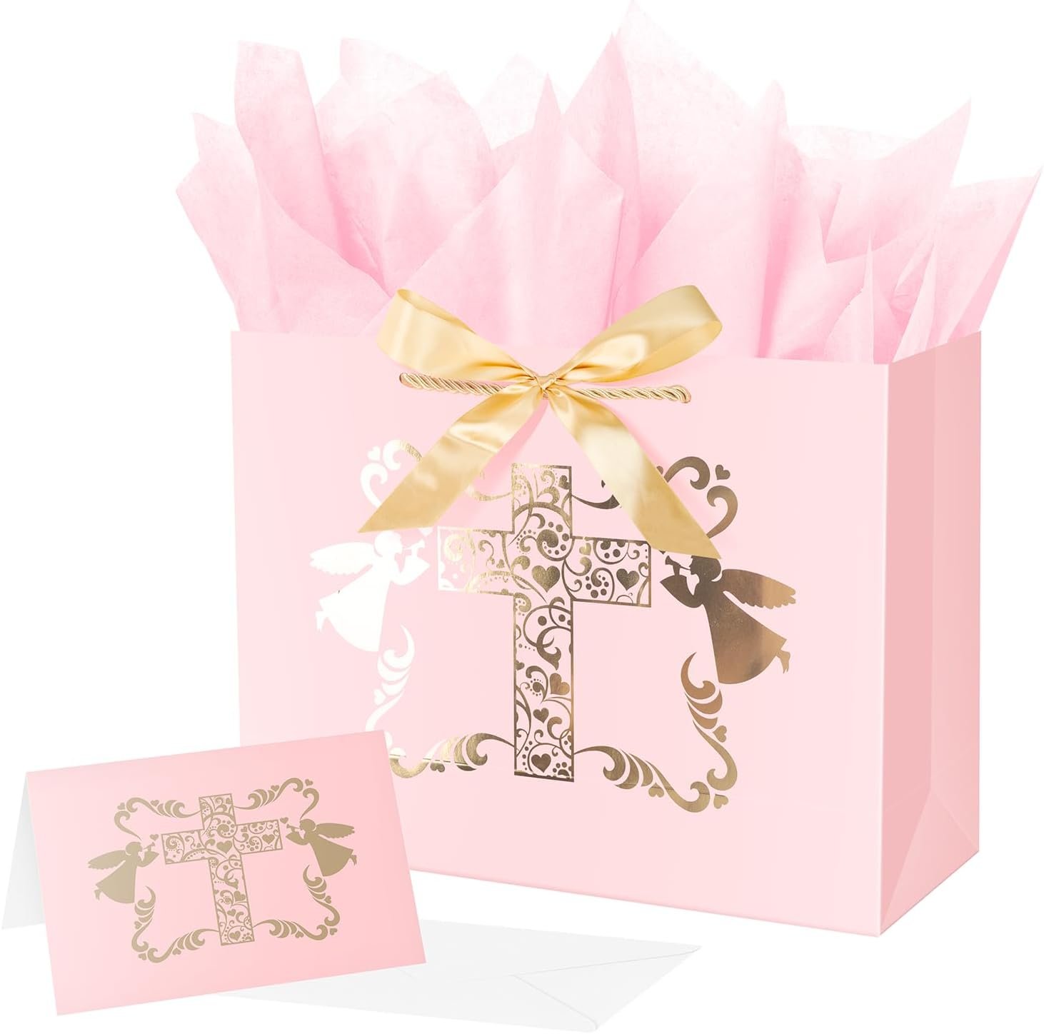 ysmile Baptism Gift Bag with Tissue Paper for Girl Pink Cross Gift Bag for Christenings First Communions Religious 12.6″