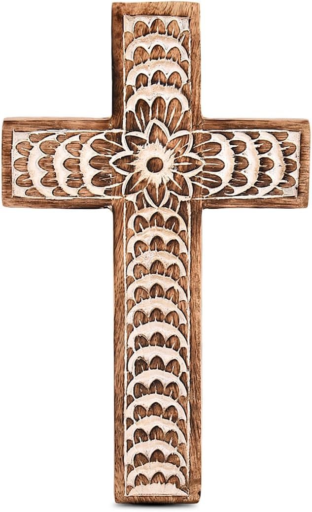 EDHAS Mango Wood White Cross Carved Floral-Design Family Cross Decor,Home Decoration (10″ x 6″ x 0.5″)