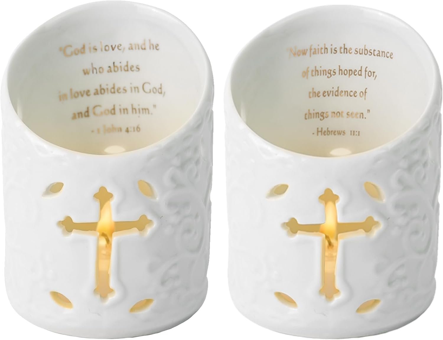 Dreamseden Set of 2 Ceramic Christian Cross Tealight Candle Holder with Bible Verses Include Flickering LED Flameless Tea Light Candles for Wedding and Home Decor
