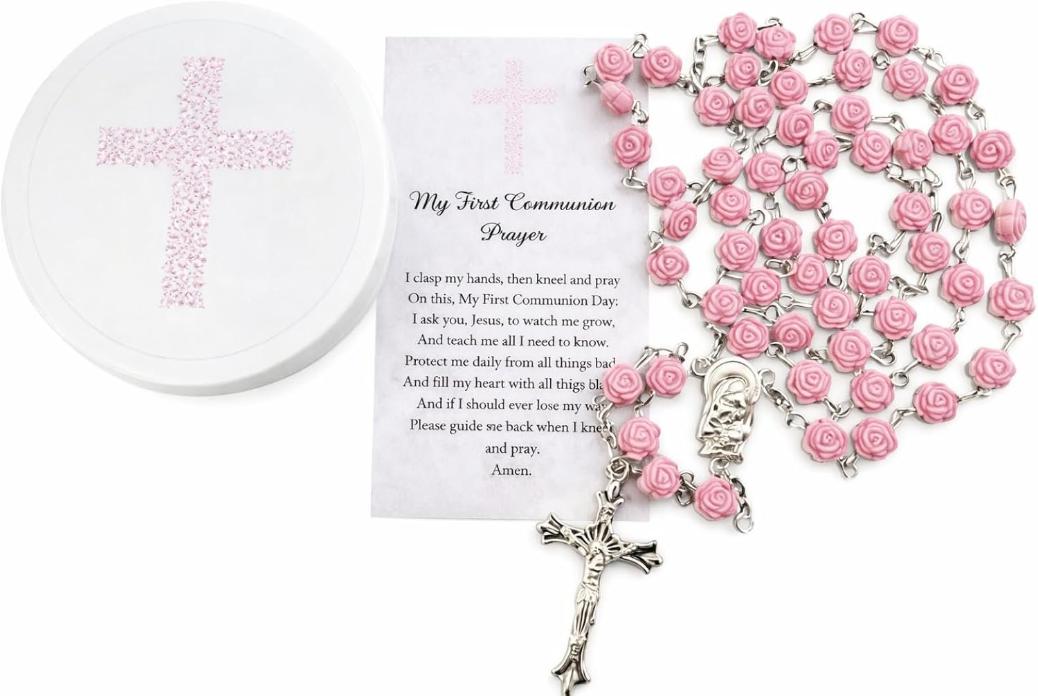 Westmon Works First Communion Rosary Set for Girls with Pink Rose Shaped Bead Case and Holy Card