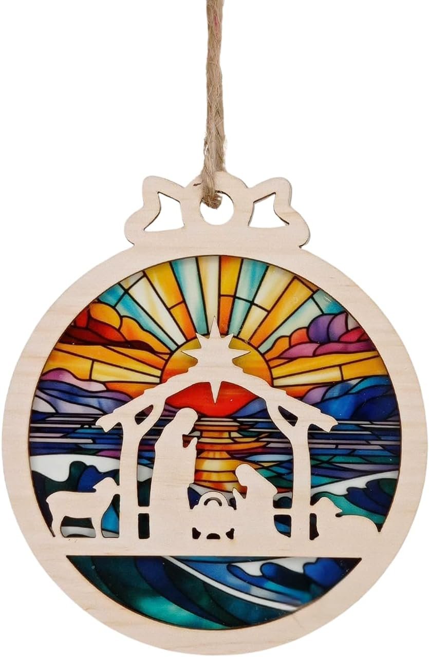 Biblical Nativity Scene Ornament – Wooden Acrylic Suncatcher Jesus Christmas Decorations, Personalized Religious Home Gift