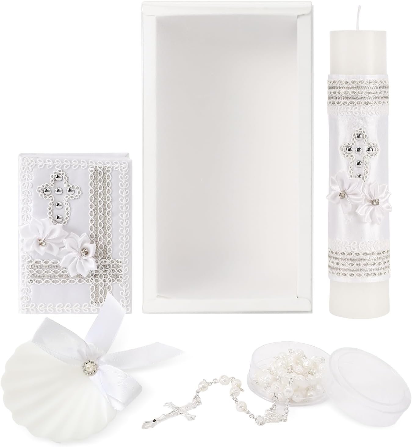5 PCS Baptism Candle Set for Boys and Girls,White Baptism Kit Candle,Towel,Shell,Rosary &Bible for Baptismal Christening First Communion Gift,Velas para Bautizo De Niño o Niña