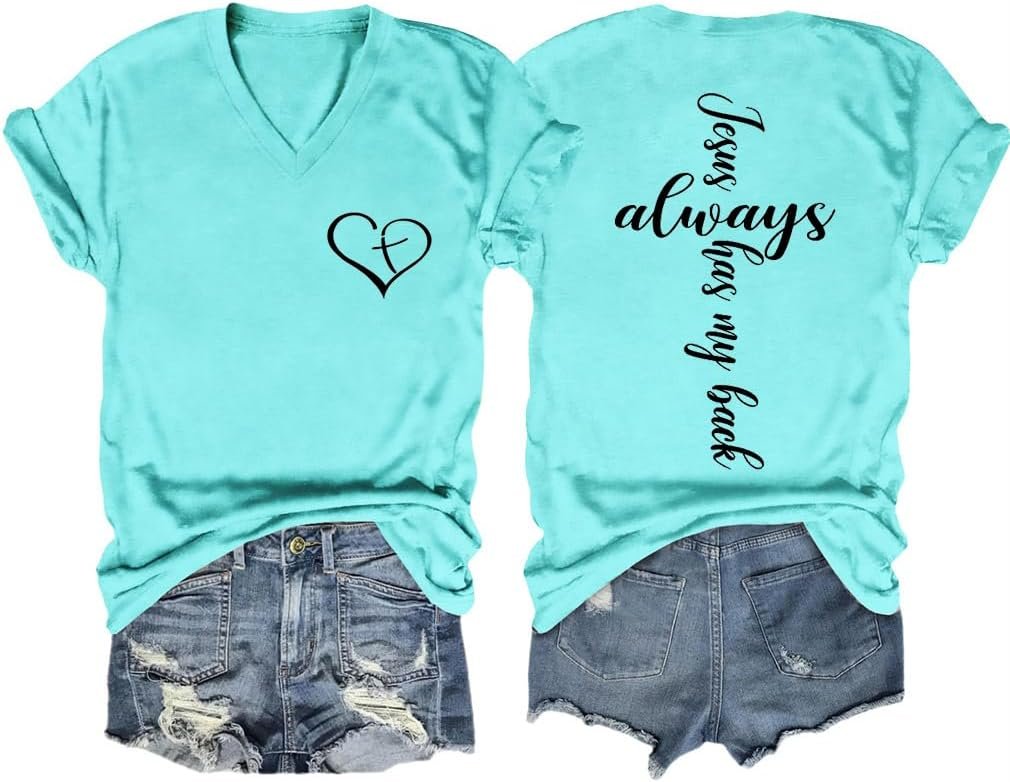 Jesus Christian Shirts Womens Jesus Always Has My Back Tshirt Religious Faith T-Shirt V Neck Inspirational Funny Top
