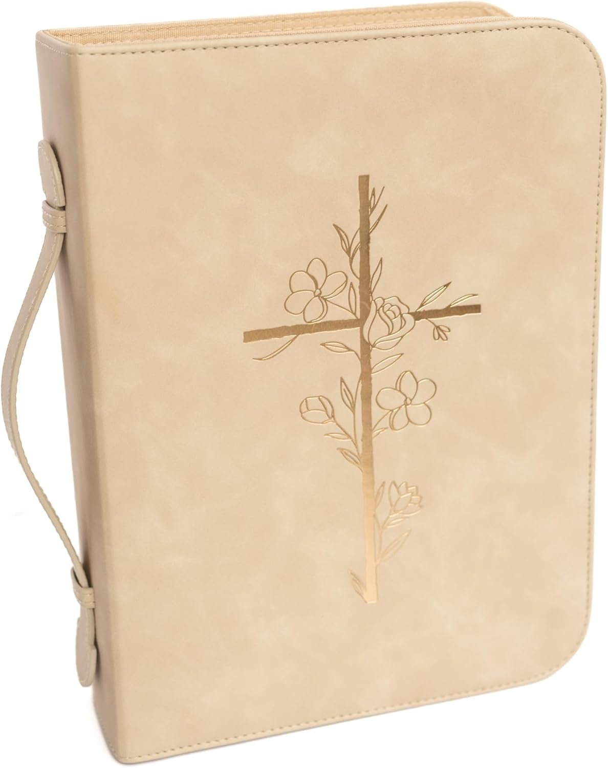 Bible Cover Case for Women – PU Leather Large Bible Case with Minimalist Debossed Design – Christian Bible Accessories for Girls & Women (Beige/Gold)