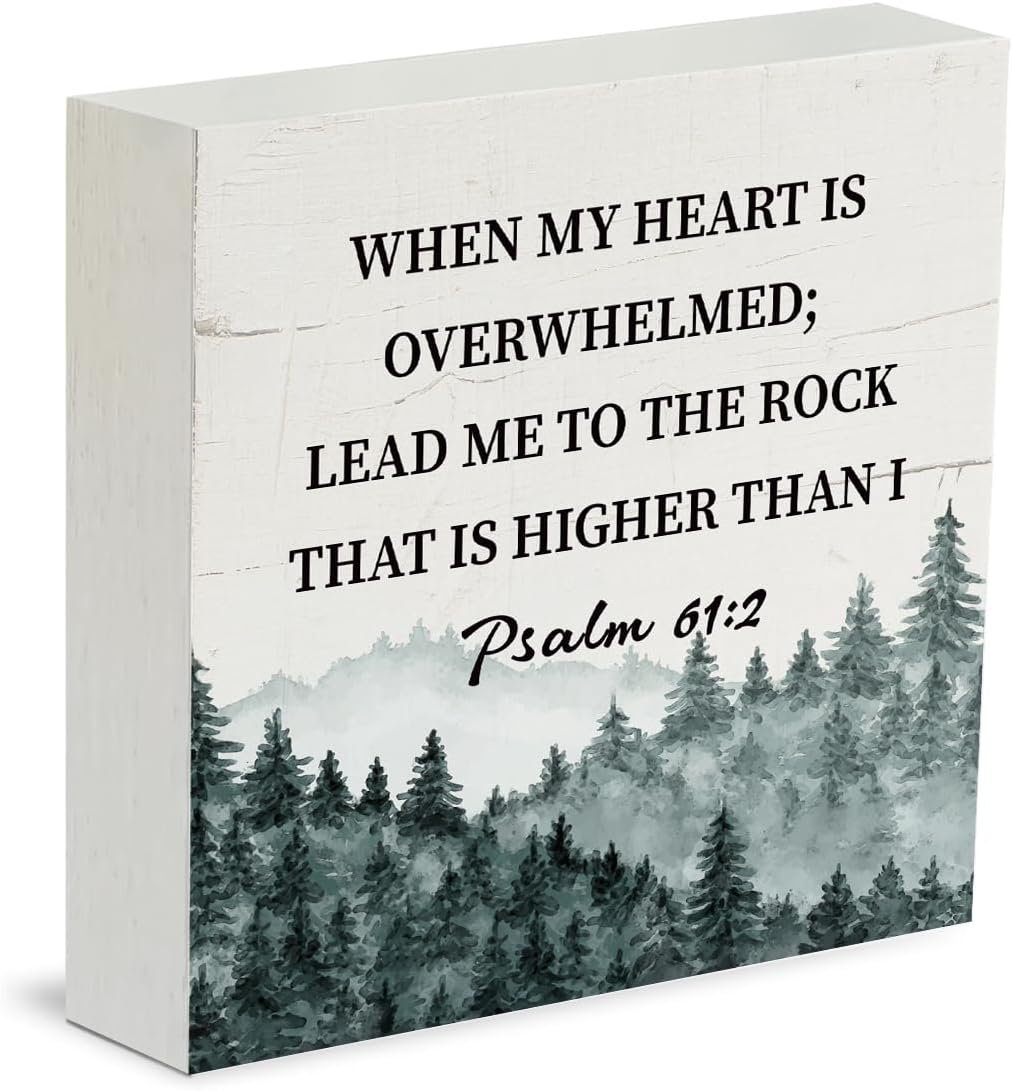 Christian Sign, Rustic Box Sign Decor Tabletop, Home Office Decoration, Bible Verse Decoration, Scripture Table Decor, Spiritual Gifts, Psalm 61:2 – When My Heart is Overwhelmed