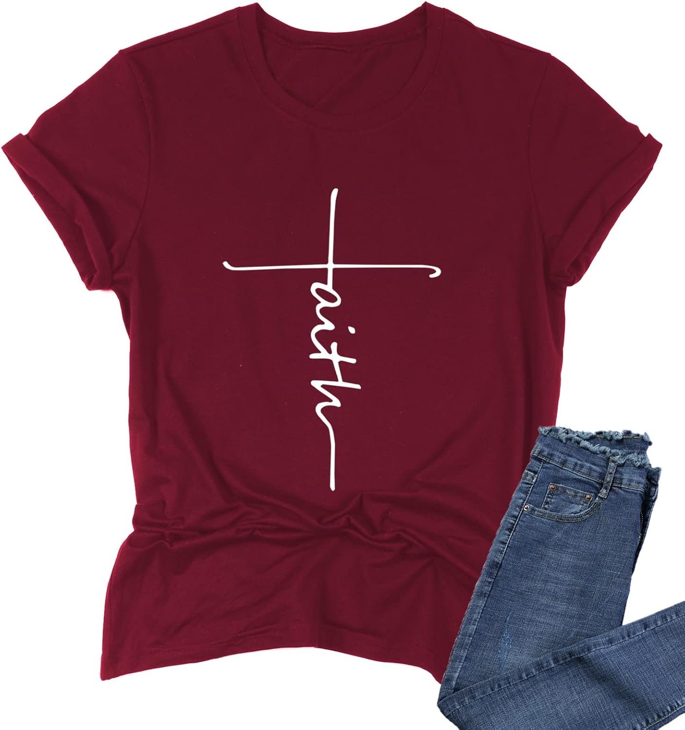 Womens Causal Faith Printed T-Shirt Christian Graphic Tees Short Sleeve Tops