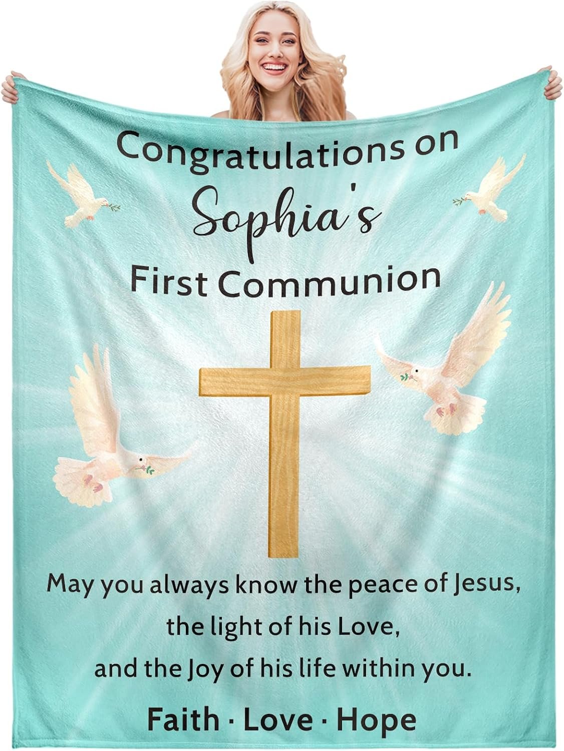 First Communion Gifts for Girls Boys Custom Blanket with Name Religious Throw Blanket for Women Men Personalized Baby Blanket Easter Basket Stuffers Baptism Gifts for Boys Girls Catholic Confirmation