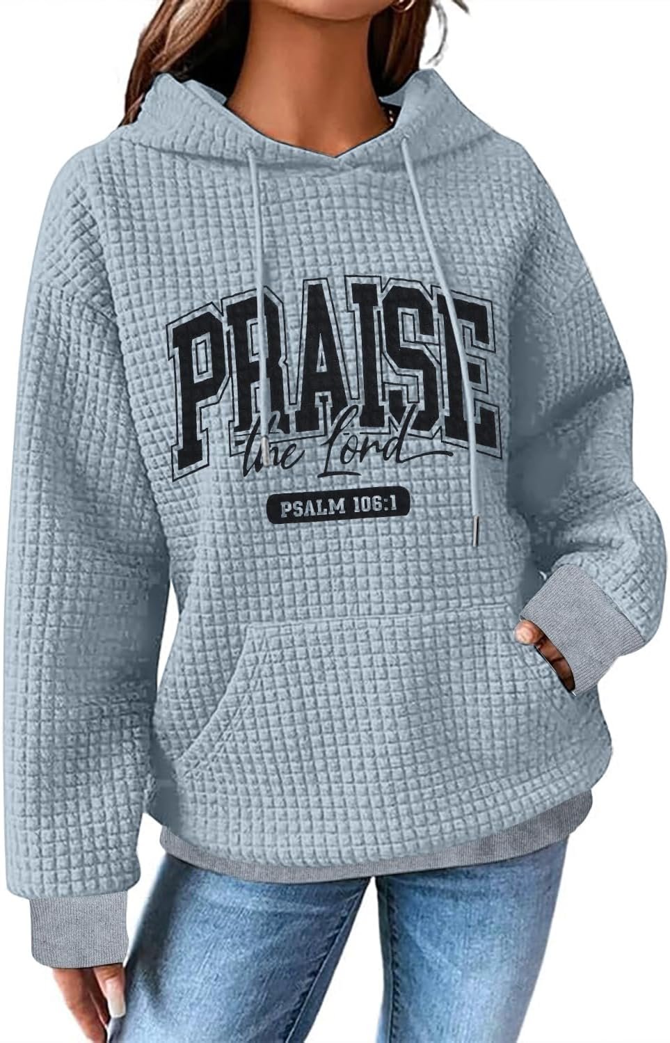 MYHALF Praise The Lord Hoodies for Women Christian Bible Verse Sweatshirt Casual Drawstring Waffle Pullover Tops with Pocket