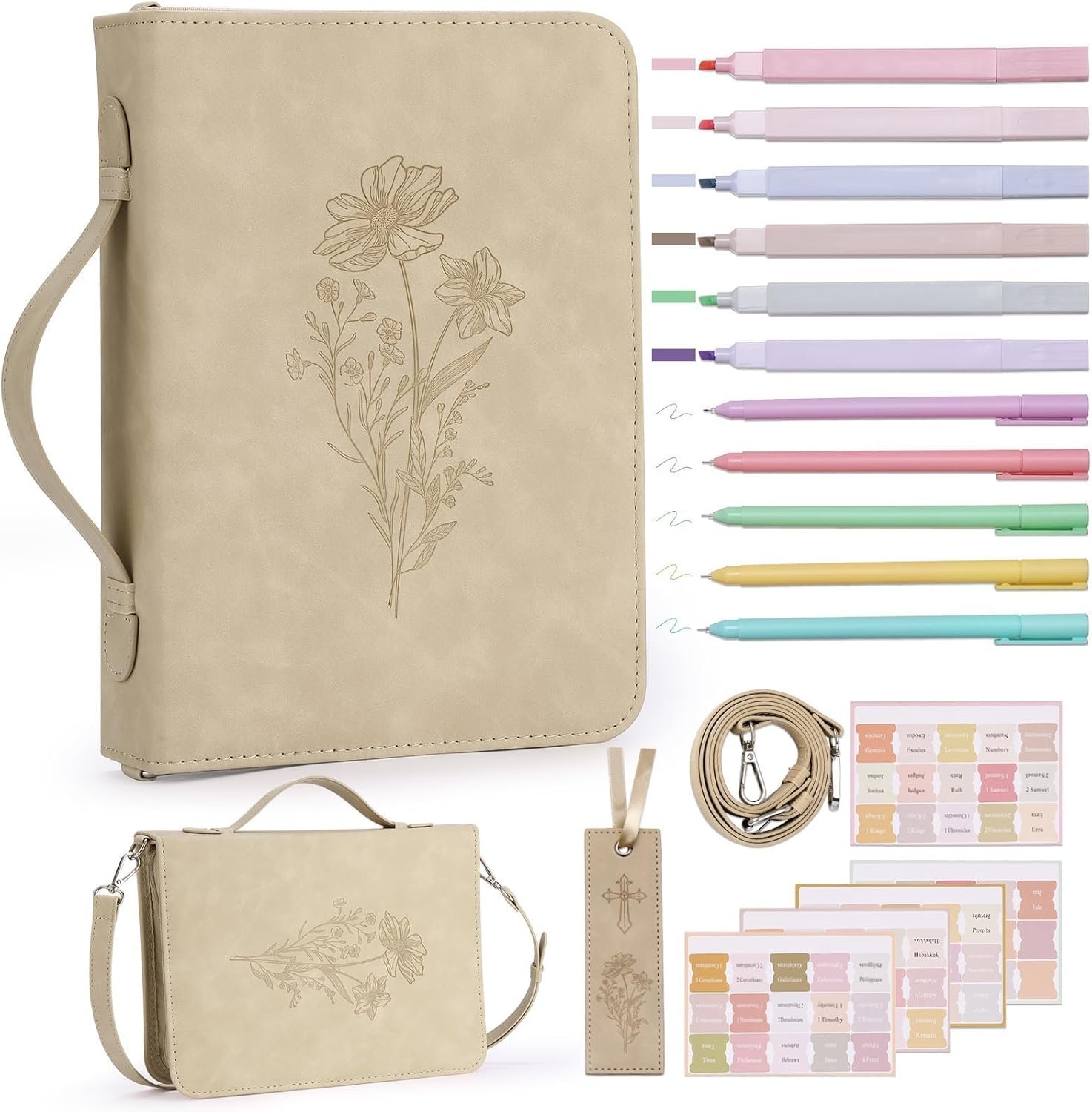 19PCS Floral Khaki Leather Bible Cover for Women Bible Cover Cases for Teen Girls Christmas Gift Christian Bags Journaling Kit with Shoulder Strap Highlighter Pens & Book Marker 10.47 * 7.48 * 2.17in